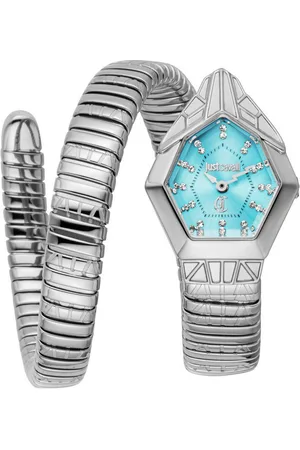 Roberto Cavalli Quarzuhr Signature Snake JC1L358M0025, Armbanduhr,Damenuhr,Edelstahlband,Perlmutt-Zifferblatt,Kristallsteine