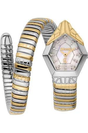 Roberto Cavalli Quarzuhr Signature Snake JC1L358M0065, Armbanduhr,Damenuhr,Edelstahlband,Perlmutt-Zifferblatt,Kristallsteine