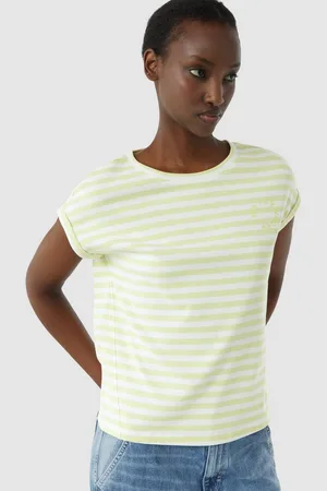 Comma, Shirttop Gestreiftes T-Shirt mit verlegter Seitennaht und Printdetail Stickerei - Verkäufer: s.Oliver
