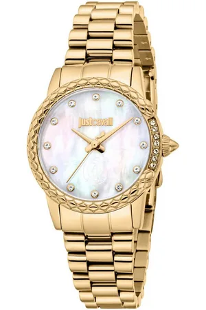 Roberto Cavalli Quarzuhr Snake JC1L310M0065, Armbanduhr,Damenuhr,Edelstahlband,Perlmutt-Zifferblatt,Kristallsteine