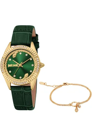 Roberto Cavalli Quarzuhr Glam JC1L361L0025, (Set, 2-tlg., mit Schmuckarmband), Armbanduhr, Damenuhr, Lederarmband, Ideal auch als Geschenk, analog