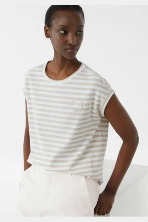 Comma, Shirttop Gestreiftes T-Shirt mit verlegter Seitennaht und Printdetail Stickerei - Verkäufer: s.Oliver