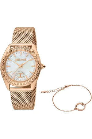 Roberto Cavalli Quarzuhr JC PRESTIGIO 2 JC1L195M0245, (Set, 2-tlg., mit Armband), Armbanduhr, Damenuhr, Kristallsteine, Edelstahlarmband, Geschenkidee