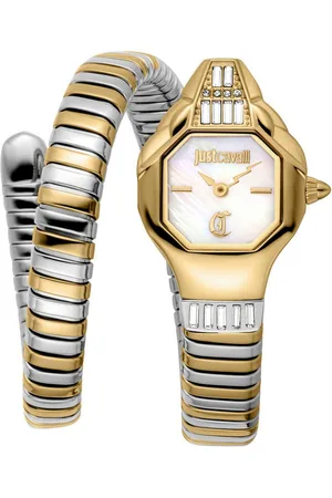 Roberto Cavalli Quarzuhr Signature Snake JC1L326M0055, Armbanduhr,Damenuhr,Edelstahlband,Perlmutt-Zifferblatt,Kristallsteine