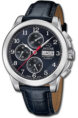 Jaguar Chronograph Leder Herren Uhr Chronograph, (Chronograph), Herrenuhr Lederarmband dunkelblau, rundes Gehäuse, groß (ca. 45mm) - Verkäufer: Fit4Style Silberschmuck - IMPPAC