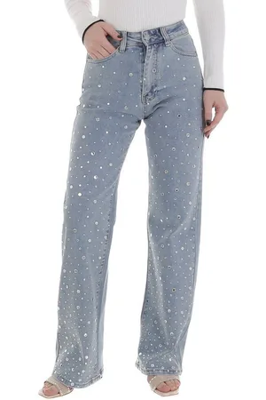 Ital-Design Weite Jeans Stylische Jeans mit schimmernden Details für Damen (89231309) Used-Look Stretch High Waist Jeans in Hellblau - Verkäufer: