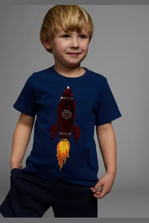 Kidsworld T-Shirt Mit Rakete aus Wendepailletten Kurzarm, Basic-Passform, bedruckt, Rundhalsausschnitt