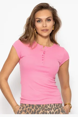 SASSYCLASSY T-Shirt Geripptes T-Shirt Damen mit Knopfleiste Elegant Figurbetontes Kurzarm Shirt mit Halsausschnitt in Rippstruktur - Verkäufer: