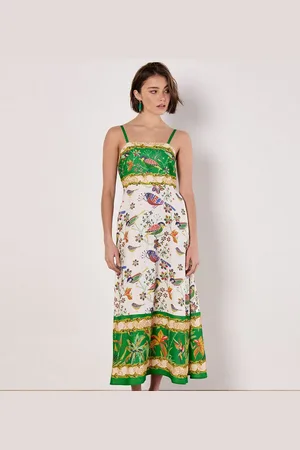 Apricot Druckkleid Midikleid mit Vögeln und Palmen, mit Trägern - Verkäufer: