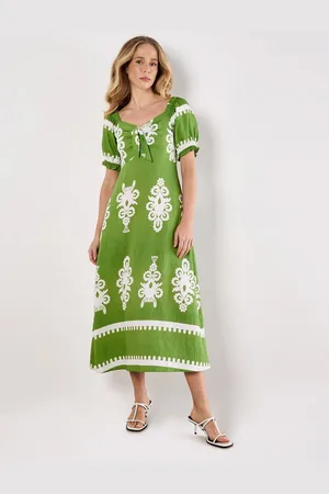Apricot Druckkleid Folk Floral Print Kleid, mit tollem Ausschnitt - Verkäufer:
