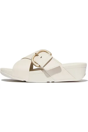 FitFlop LULU RESIN-BUCKLE LEATHER CROSS SLIDES Pantolette Plateauschuh, Sandale in schmaler Form
