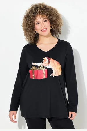 Ulla Popken Longsleeve Weihnachtsshirt Katze A-Linie V-Ausschnitt Langarm - Verkäufer: Popken Fashion Group