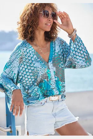 Buffalo Fledermausshirt mit Animaldruck, lockere Bluse mit V-Ausschnitt, Blusenshirt