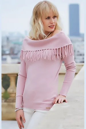 Passioni Strickpullover schulterfrei mit Fransendetails im Glattstrick - Verkäufer: Passion Mode