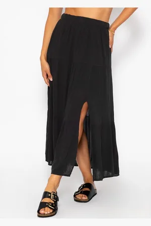 SASSYCLASSY Minirock Maxi Volants Rock mit Schlitz in Crinkle-Optik Lockerer High Waist A-Linien Rock lang mit Gummibund Taupe - Verkäufer: