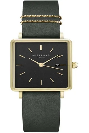 ROSEFIELD Quarzuhr Damenuhr Boxy Schwarz Leder Grün Gold eckig QBFGG-Q031 - Verkäufer: JUWELSTORE.de