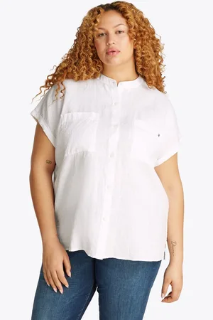 Tommy Hilfiger Klassische Bluse CRV ESS LI COLLARLESS S/S BLOUSE in Großen Größen, Leinenqualität, Logostickerei