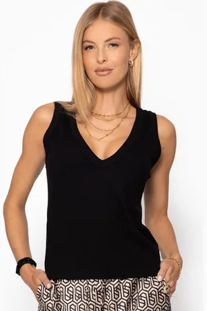 SASSYCLASSY T-Shirt Geripptes Top Damen mit V-Ausschnitt Elegant Lässiges ärmelloses Shirt in Rippstruktur aus fließendem Stoff - Verkäufer:
