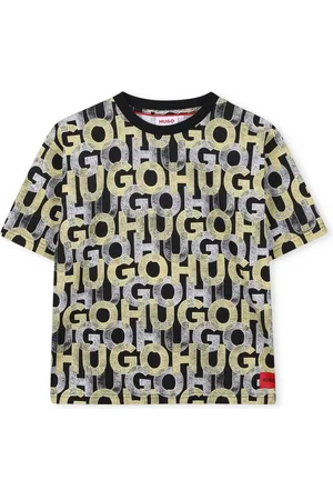 HUGO BOSS Print-Shirt T-Shirt schwarz mit Allover-Logoprint in gelb/weiß - Verkäufer: coolkids-store