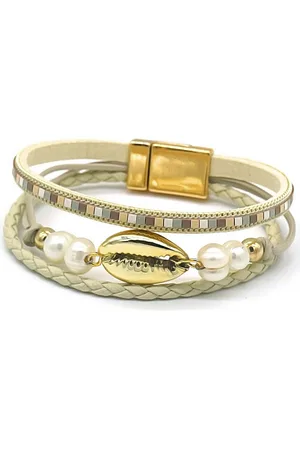 Karma Lederarmband Armband mehrreihig Gold Beige Muschel Leder Edelstahl Lederarmband (Damenschmuck Lederarmband), Damenarmband Wickelarmband modern Armband Damen - Verkäufer: Sanixa
