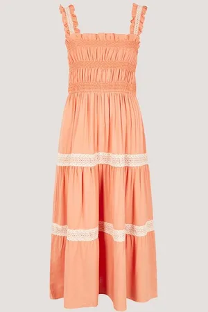 Apricot Midikleid Häkelspitzen-Stufenkleid, mit Smokdetails - Verkäufer:
