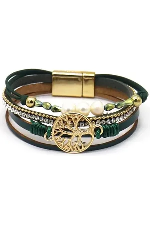 Karma Lederarmband Damenarmband Leder gold mit Kristallen (Damenschmuck Armband Kristalle), Lebensbaum Damenschmuck Geschenk Lederarmband - Verkäufer: Sanixa