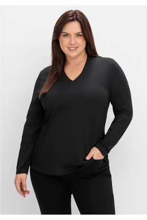 Sheego Langarmshirt Große Größen aus Baumwoll-Modal-Mix, vorn doppellagig