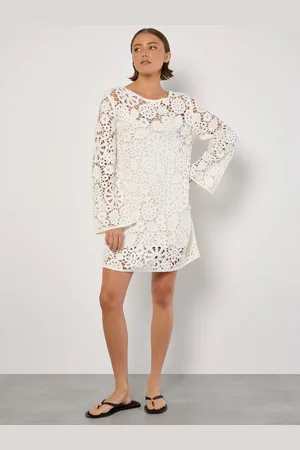 Apricot Minikleid Floral gehäkeltes Etuikleid, mit Trompetenarmen - Verkäufer: