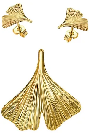 JEVELION Schmuckset Anhänger Ginkgo mit 2x Ohrstecker 585 Gold - Made in Germany (Goldanhänger + Gold-Ohrschmuck, für Damen und Mädchen), Mit Kette vergoldet- Länge wählbar 36 - 70 cm oder ohne Kette. - Verkäufer: