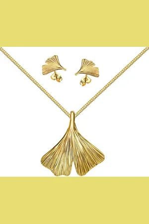 JEVELION Schmuckset Anhänger Ginkgo mit 2x Ohrstecker 585 Gold - Made in Germany (Goldanhänger + Gold-Ohrschmuck, für Damen und Mädchen), Mit Kette vergoldet- Länge wählbar 36 - 70 cm oder ohne Kette. - Verkäufer: