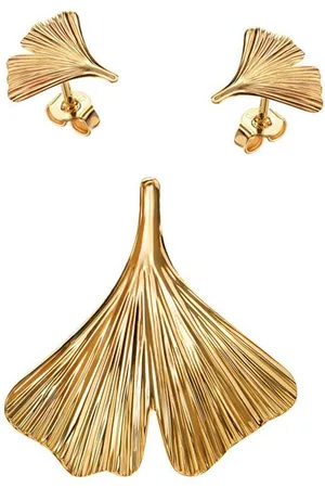 JEVELION Schmuckset Anhänger Ginkgo - Blatt mit 2x Ohrstecker 750 Gold - Made in Germany (Goldanhänger + Gold-Ohrschmuck, für Damen und Mädchen), Mit Kette vergoldet- Länge wählbar 36 - 70 cm oder ohne Kette. - Verkäufer: