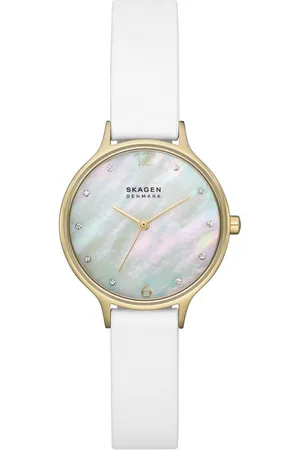 Skagen Quarzuhr ANITA LILLE SKW3138, Armbanduhr, Damenuhr, Perlmutt-Zifferblatt, Lederarmband