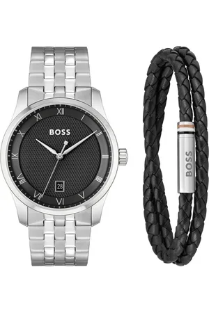 HUGO BOSS Quarzuhr PRINCIPLE 1570177, (Set, 2-tlg., mit Lederarmband), Armbanduhr, Herrenuhr, Edelstahlarmband, ideal auch als Geschenk