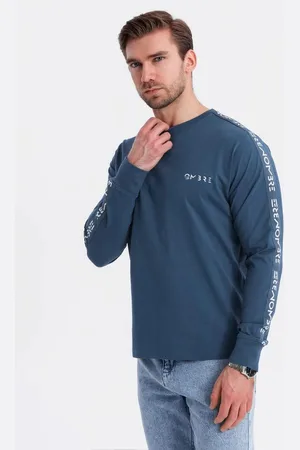 Ombre Clothing Longsleeve Longsleeve aus Baumwolle mit U-Ausschnitt, Streifen und Brustprint - Verkäufer: