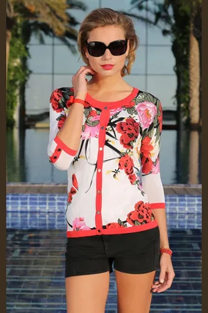 Passioni Cardigan Sommer-Twinset mit rotem und rosa Blumendruck - Verkäufer: Passion Mode
