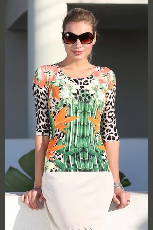 Passioni Rundhalspullover mit Leoparden, Blumen und Bambusdruck - Verkäufer: Passion Mode