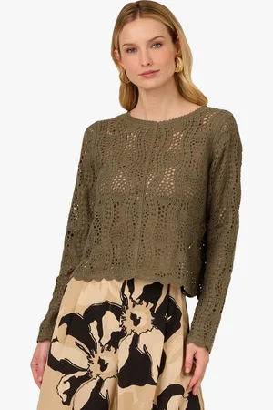 Adrianna Papell Strickpullover Bateau Neck Long Sleeve Crochet Scalloped Edge Sweater Casual, Basic, Abendessen, Arbeit - Verkäufer: GoJungo GmbH