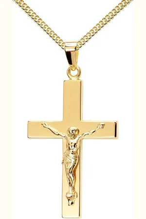 JEVELION Kreuzkette Kruzifix Anhänger 585 Gold - Made in Germany (Goldkreuz, für Damen und Herren), Mit Kette vergoldet- Länge wählbar 36 - 70 cm oder ohne Kette. - Verkäufer: