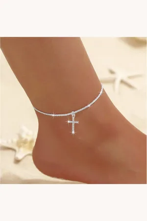 Karma Fußkette mit Anhänger Damen Kreuz Anhänger Strass Kristalle verstellbar ( Geschenk für Frauen, 22+6 cm, Strass, Kristalle), Sommer Schmuck Fußschmuck - Verkäufer: Sanixa