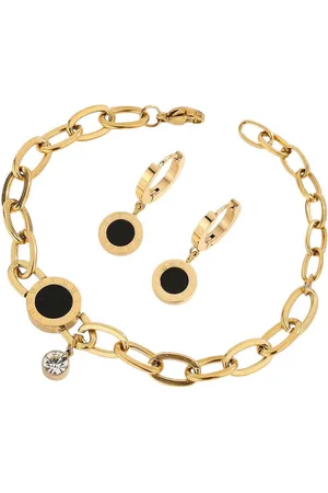 Karma Schmuckset Damen Edelstahl vergoldet Armband 15+5 cm (Damenschmuck, Ohrringe 3 cm mit schwarzem Medaillon), eleganter Schmuck für Frauen Geschenk Set - Verkäufer: Sanixa