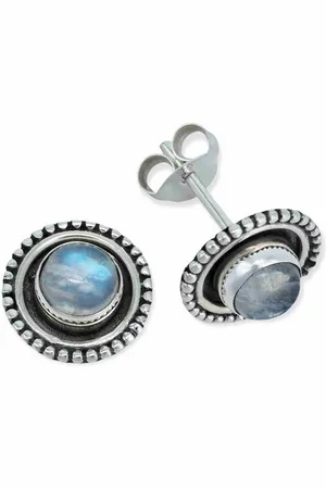 mantraroma Paar Ohrstecker BULAN aus 925 Silber mit Regenbogen Mondstein (Paar, Paar Ohrringe mit Schmuckbeutel), 925 Sterling Silber Ohrringe für Damen - Verkäufer: