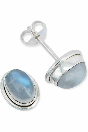 mantraroma Paar Ohrstecker SARALA oval klein aus 925 Silber mit Regenbogen Mondstein (Paar, Paar Ohrringe mit Schmuckbeutel), 925 Sterling Silber Ohrringe für Damen - Verkäufer: