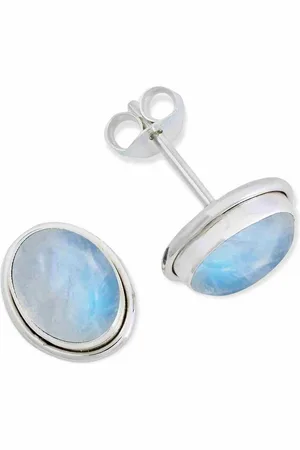 mantraroma Paar Ohrstecker SARALA oval medium aus 925 Silber mit Regenbogen Mondstein (Paar, Paar Ohrringe mit Schmuckbeutel), 925 Sterling Silber Ohrringe für Damen - Verkäufer:
