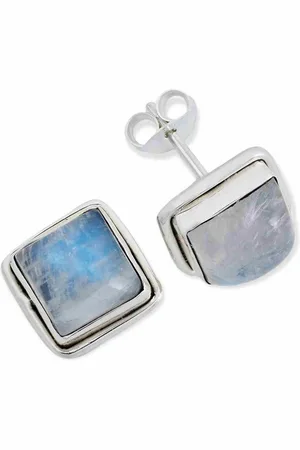mantraroma Paar Ohrstecker SARALA eckig groß aus 925 Silber mit Regenbogen Mondstein (Paar, Paar Ohrringe mit Schmuckbeutel), 925 Sterling Silber Ohrringe für Damen - Verkäufer: