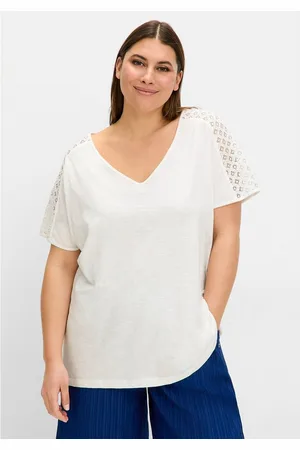 Sheego T-Shirt Große Größen mit Spitze und V-Ausschnitt, aus Flammgarnjersey