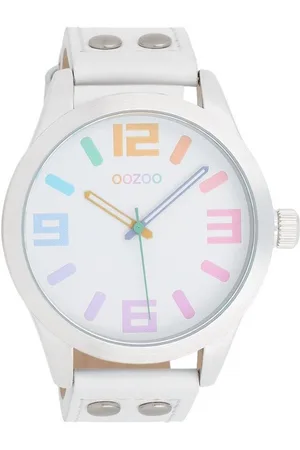 Oozoo Quarzuhr Basic Line Armbanduhr C1085 Bunt Lederband Weiss 46 mm C1085 - Verkäufer: Jäckle Uhrenhandel e.K.