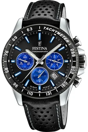 Festina Chronograph Herren F20561/6 – Sportliche Quarzuhr mit schwarz/blauem Zifferblatt, Edelstahlgehäuse und schwarzem Lederarmband, 45 mm, 10 Bar wasserdicht - Verkäufer: Jäckle Uhrenhandel e.K.