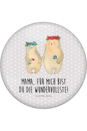 Mr. & Mrs. Panda Anstecknadel Bären mit Blumenkranz - Pastell - Geschenk, Papa, 50mm Button, M (1-tlg), Stabile Anstecknadel - Verkäufer: