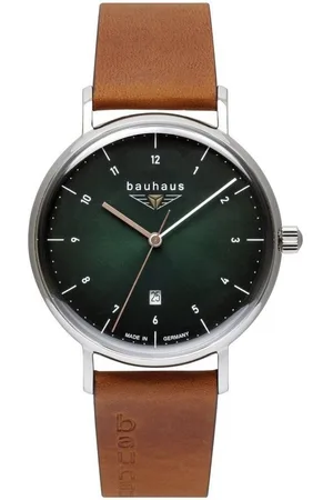 Bauhaus Quarzuhr Herrenuhr 2140-4 Grün Lederband Braun 41 mm, Made in Germany - Verkäufer: Jäckle Uhrenhandel e.K.