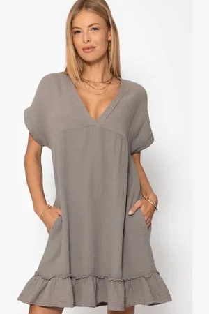 SASSYCLASSY Minikleid Musselin midi Kleid Sommer Elegant in V-Ausschnitt Lässiges leichtes Kleid kurzarm aus Baumwollmousseline mit Volantsaum - Verkäufer: